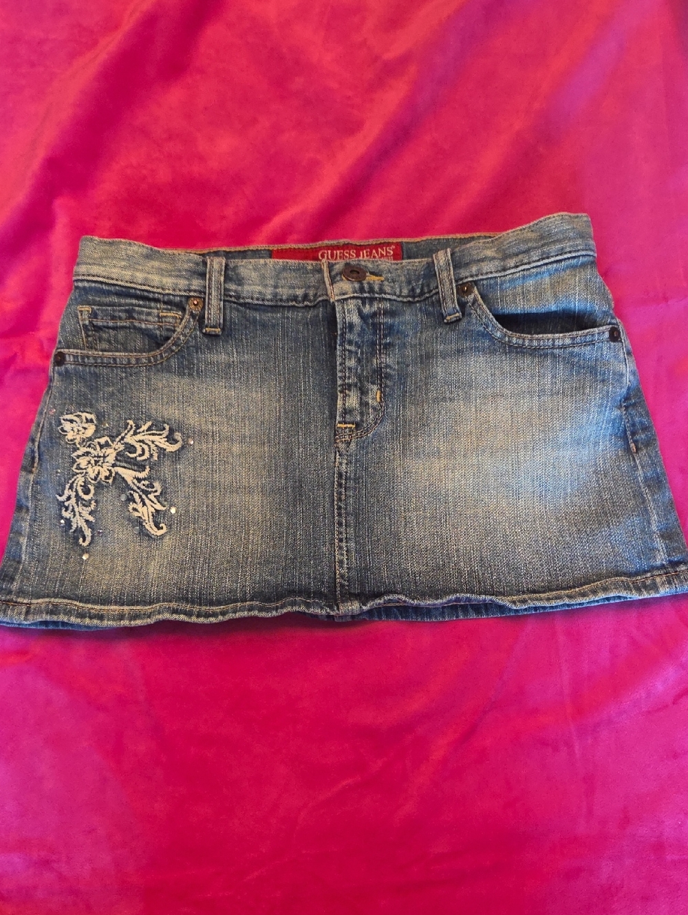 Guess Denim Mini Skirt with White Embroidered Motif